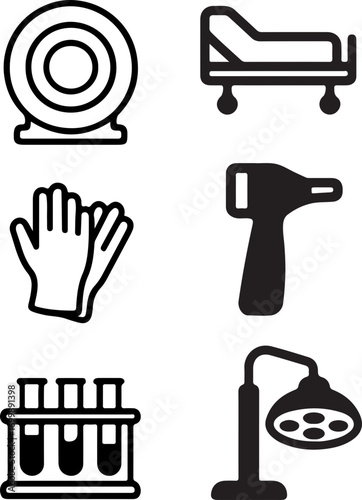 A collection of six black and white icons representing various medical and laboratory equipment and tools.