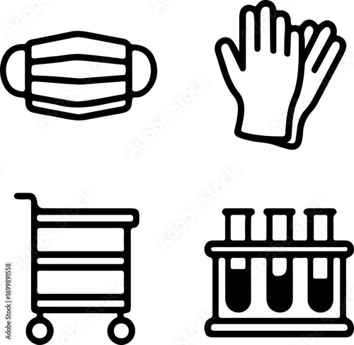 A collection of four black outline icons depicting medical and laboratory items: a face mask, protective gloves, a utility cart, and a test tube rack with test tubes.