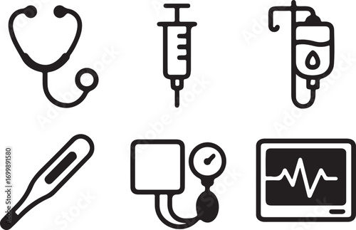 Collection of medical icons including stethoscope, syringe, IV drip, thermometer, blood pressure monitor, and ECG screen.