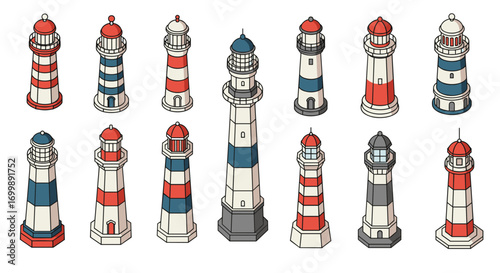 Assorted colorful lighthouses in isometric design on white background