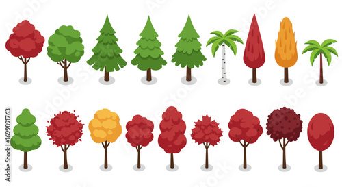 Colorful assorted trees collection: evergreen, deciduous, tropical design elements