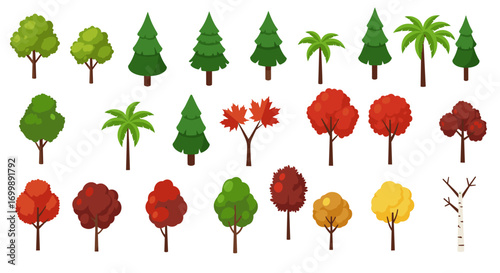 Diverse seasonal trees collection in colorful flat design style