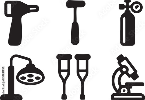 A collection of six black silhouette icons representing various medical and scientific instruments and equipment.