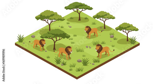 Isometric savanna scene with lions and acacia trees in lush greenery