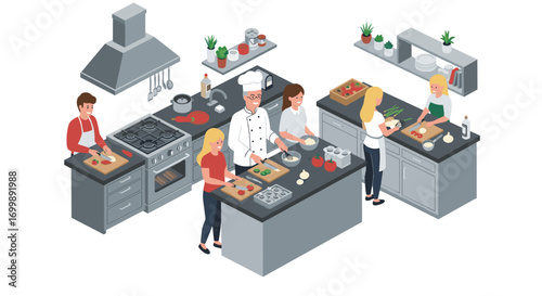 Isometric kitchen scene with people cooking and preparing food together in modern space