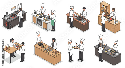 Isometric kitchen scenes with chefs and cooking activities in a culinary setting