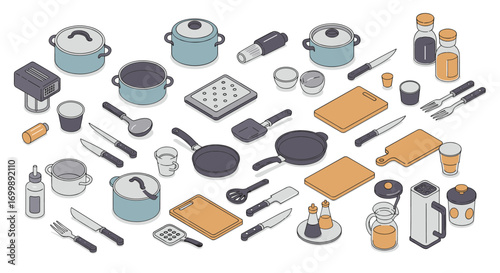 Isometric kitchen essentials collection with utensils and appliances