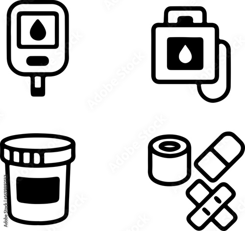A collection of medical icons including a glucose meter, blood bag, specimen container, and first aid supplies.