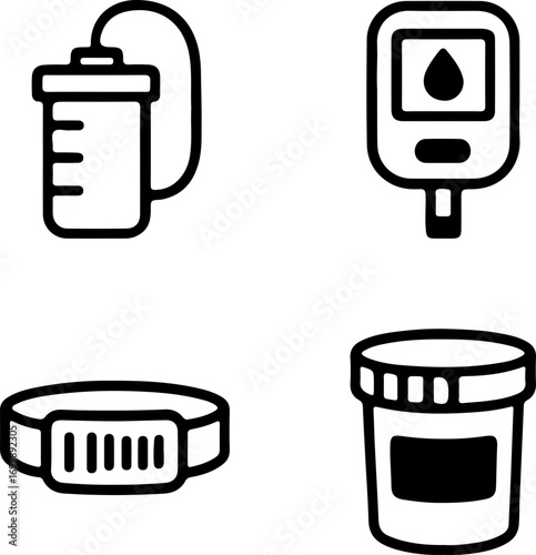 Collection of medical devices and health monitoring tools icons, including IV bag, glucose meter, wearable tracker, and specimen cup.