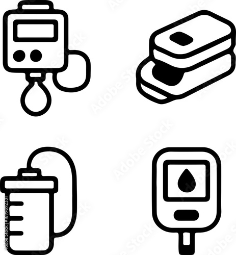 Set of medical devices icons, including an IV drip, pulse oximeter, drainage bag, and blood glucose meter, representing healthcare technology.