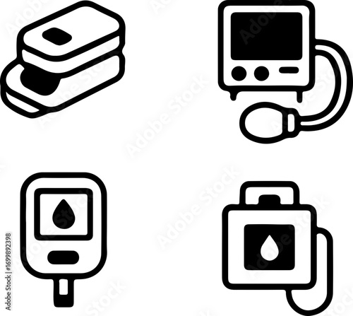 Four black and white icons representing various medical devices for health monitoring and blood-related procedures.