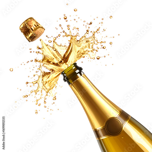 Champagne bottle popping with golden splash cork explosion