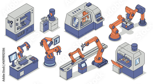 Isometric industrial robots in a factory setting