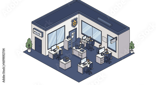 Isometric office design of modern police station interior with technology and teamwork