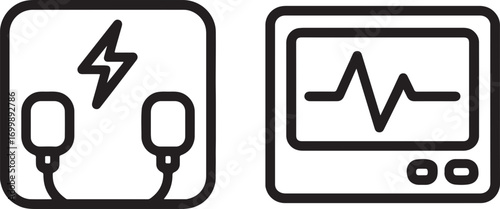 Defibrillator paddles with lightning bolt and ECG heart monitor icons in outline style.