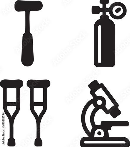 A collection of medical and scientific equipment including a reflex hammer, oxygen tank, crutches, and a microscope.