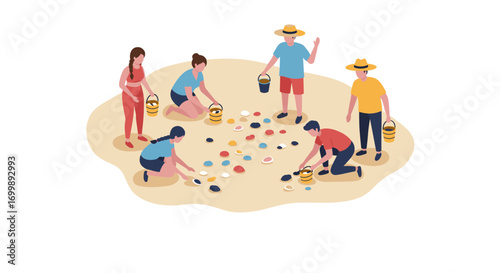 Isometric beach cleanup: people collecting colorful shells and pebbles