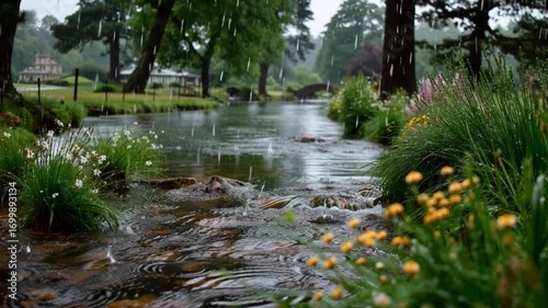 A peaceful stream flows through a lush garden on a rainy day, with vibrant greenery. The gentle rain adds a serene and calming ambiance.