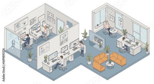 Modern office workspace in isometric perspective with busy professionals and tech gadgets