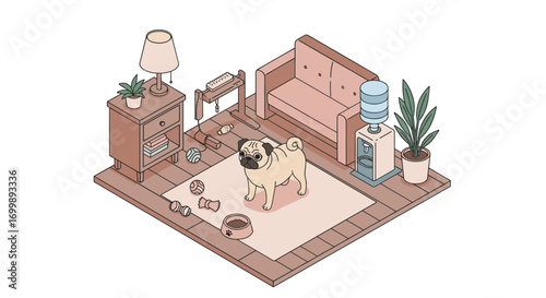 Isometric pug in cozy living room with pet toys and plants
