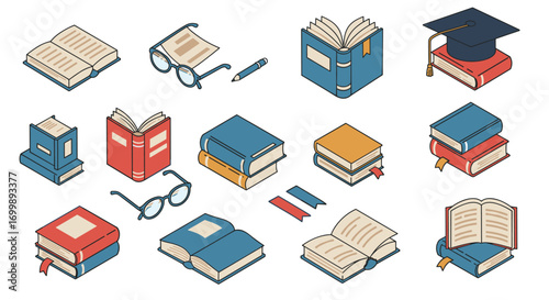 Colorful isometric book collection with accessories and graduation cap