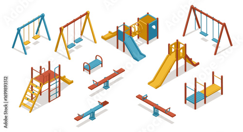 Colorful isometric playground equipment with slides and swings for outdoor fun