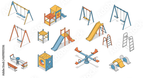 Isometric playground equipment in simple colors: swings, slides, and more