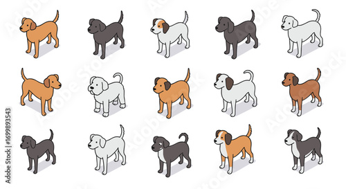 Isometric dogs pattern with diverse breeds on white background