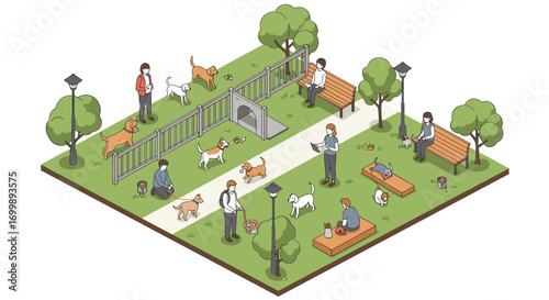 Isometric park scene with people and dogs enjoying leisure time
