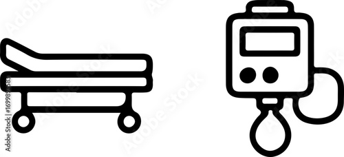 Outline icons of healthcare equipment: a gurney and an IV infusion device.