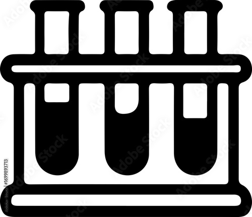 Black and white icon of three test tubes in a rack, containing liquid, representing scientific experiments or laboratory work.