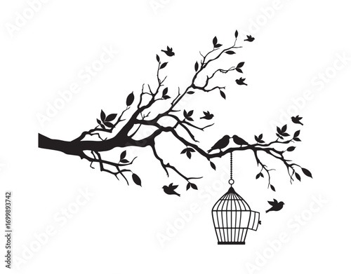 A black spring tree with an open birdcage and birds kissing, vector backdrop
