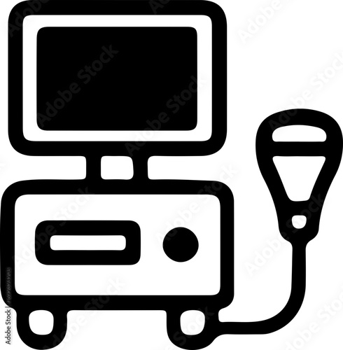 Black and white icon of a medical ultrasound machine with a monitor and a handheld probe, used for diagnostic imaging.