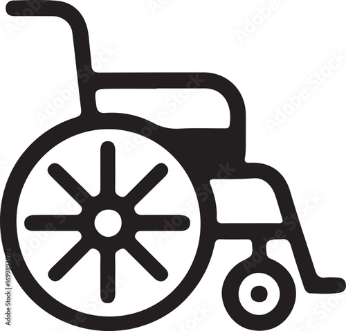 A black and white silhouette icon of a manual wheelchair, commonly used for mobility assistance and personal transport.