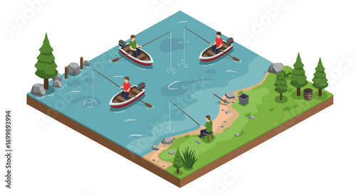 Isometric fishing scene featuring people in boats on a lake with a scenic shoreline