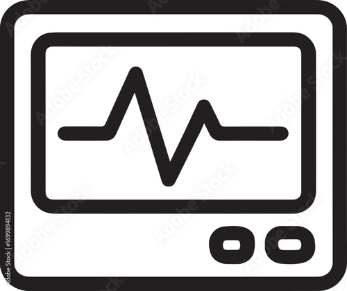 Black and white line art icon of a medical monitor displaying a fluctuating heartbeat or pulse waveform.