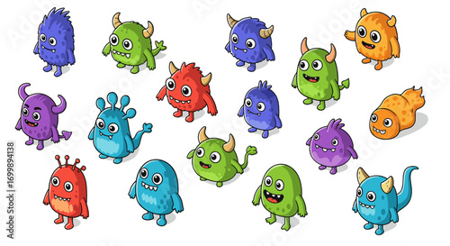 Colorful cartoon monsters with horns and smiles on white background