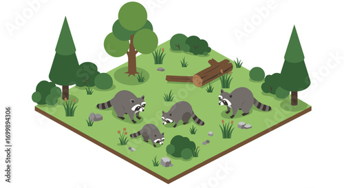 Isometric forest scene with raccoons in a lush woodland setting