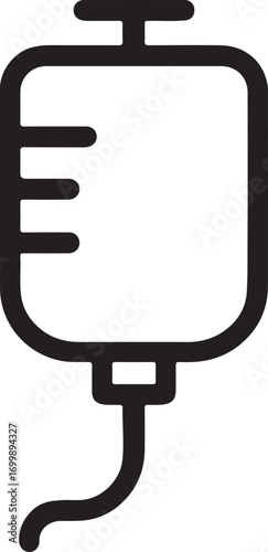 Black outline icon of an intravenous fluid bag with a tube, representing medical treatment or hydration.