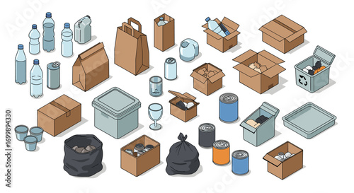Isometric recycling and waste management icons set with bottles, boxes, and containers