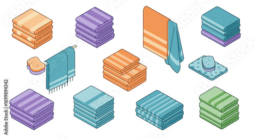 Isometric colorful bath linens and accessories collection in various arrangements