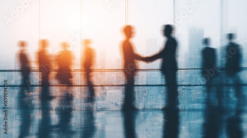 Business agreement concept showing blurred silhouette of business people shaking hands near large window in office building showing blurry cityscape. High quality