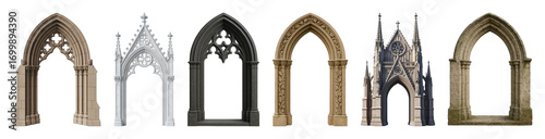 Gothic architectural arch set including ornate, stone, weathered, and carved styles isolated. Historical design elements.