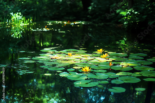 Pond with water lilies and flowers in a park garden landscape