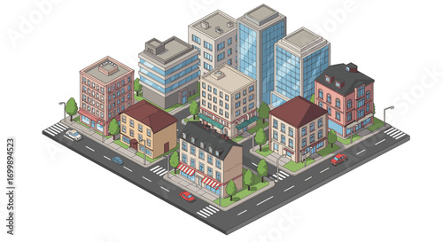 Isometric urban neighborhood with detailed buildings and streets