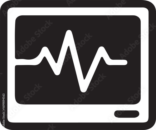 Black and white icon of a monitor displaying a fluctuating waveform, symbolizing a heartbeat or sound signal.