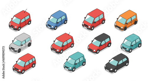 Colorful isometric cars in diverse designs and angles