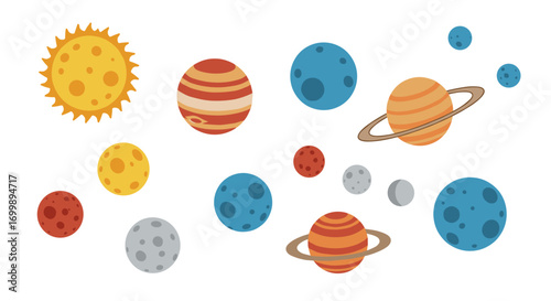 Colorful solar system planets and sun in flat design