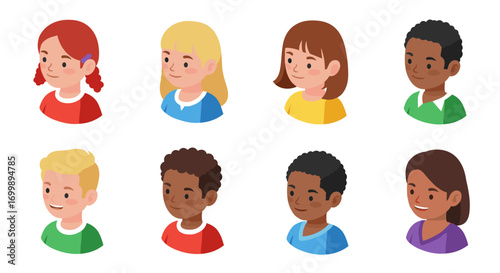 Diverse cartoon kids avatars in flat design featuring different hairstyles and outfits