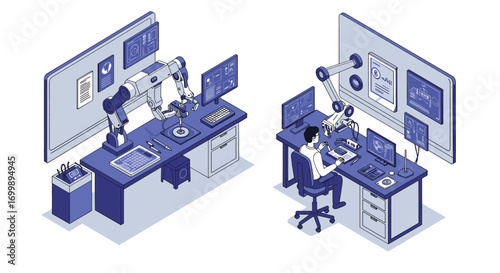 Futuristic workspace with robotics and ai technology in modern office setting
